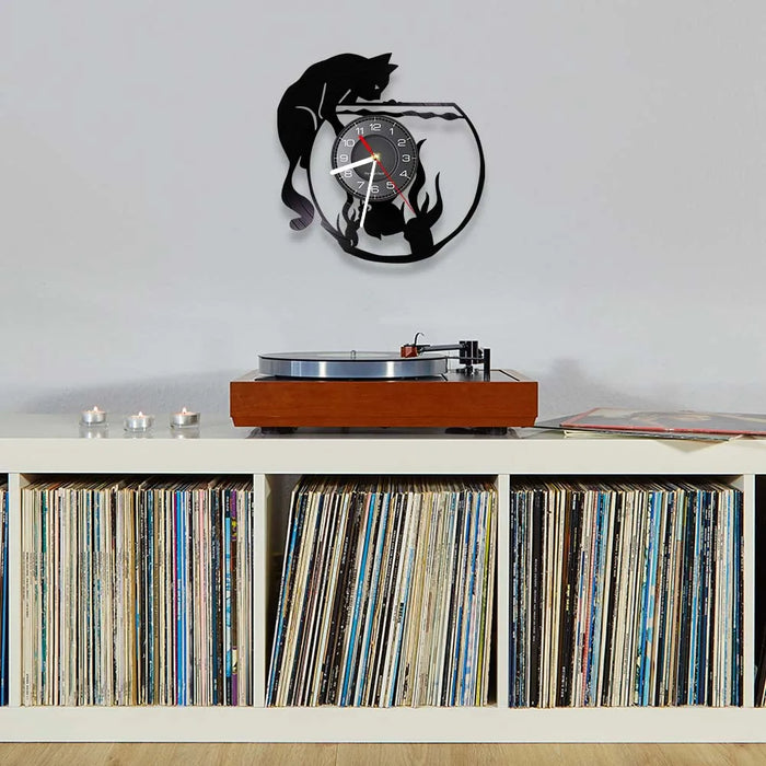 Real Vinyl Record Cat Fishbowl Wall Clock