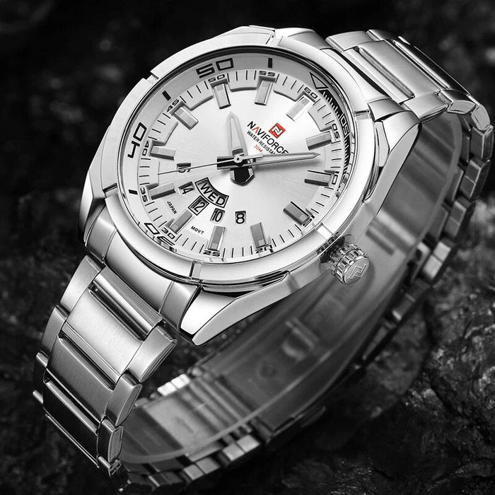 Men's Stainless Steel Band Analog Week Calendar Display Quartz 3ATM 30M Water Resistant Wristwatch