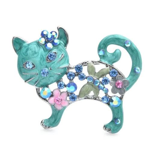 Enamel Cat Brooch Rhinestone Flower Animal Pin