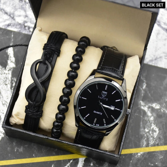 Mens Water-Proof Wrist Watch 3Pcs Set With Leather Beaded Bracelets
