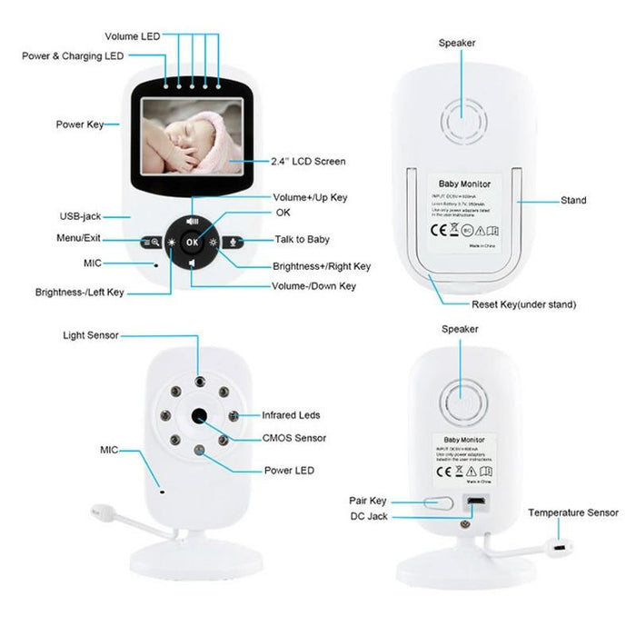 2.4 Inch Lcd 2.4Ghz Wireless Surveillance Camera Baby Monitor With 8-Ir Led Night Vision Two Way Voice Talk White