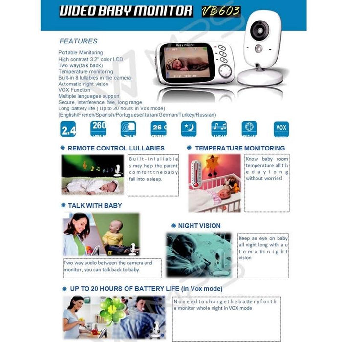 Vb603 3.2 Inch Lcd 2.4Ghz Wireless Surveillance Camera Baby Monitor Support Two Way Talk Back Night Vision White