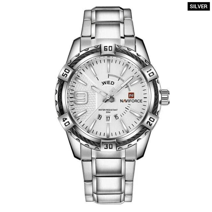 Men's Stainless Steel Band Analog Week Calendar Display Quartz 3ATM Water Resistant Wristwatch