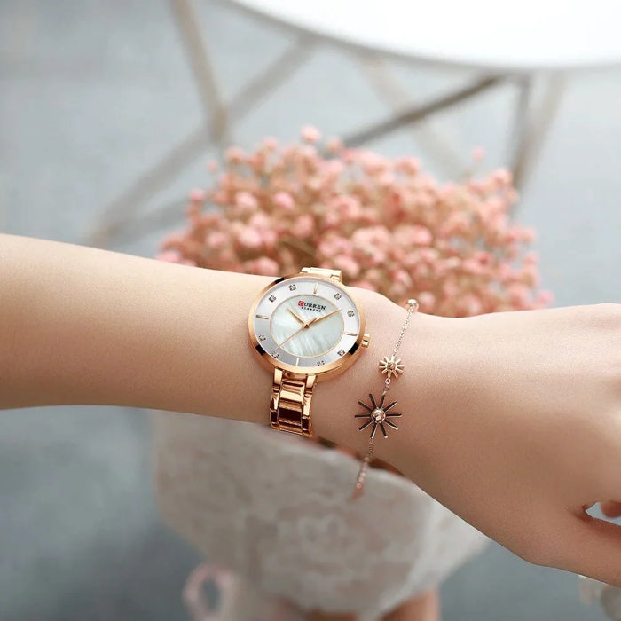 Elegant Steel Rhinestone Set Dial Rose Gold Quartz Watch