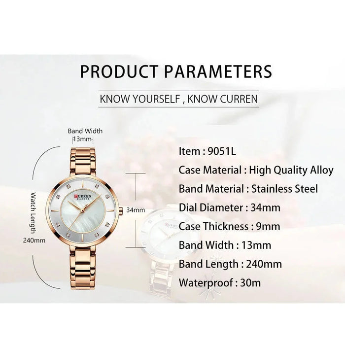 Waterproof Stainless Steel Rhinestone Dial Quartz Wristwatch For Ladies