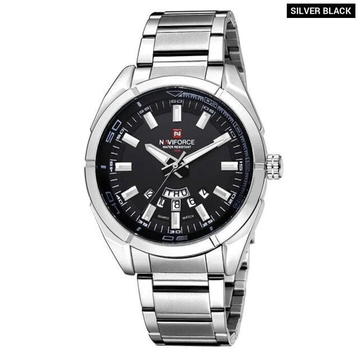 Men's Stainless Steel Band Analog Week Calendar Display Quartz 3ATM 30M Water Resistant Wristwatch