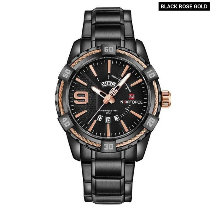 Men's Stainless Steel Band Analog Week Calendar Display Quartz 3ATM Water Resistant Wristwatch