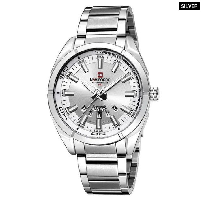 Men's Stainless Steel Band Analog Week Calendar Display Quartz 3ATM 30M Water Resistant Wristwatch