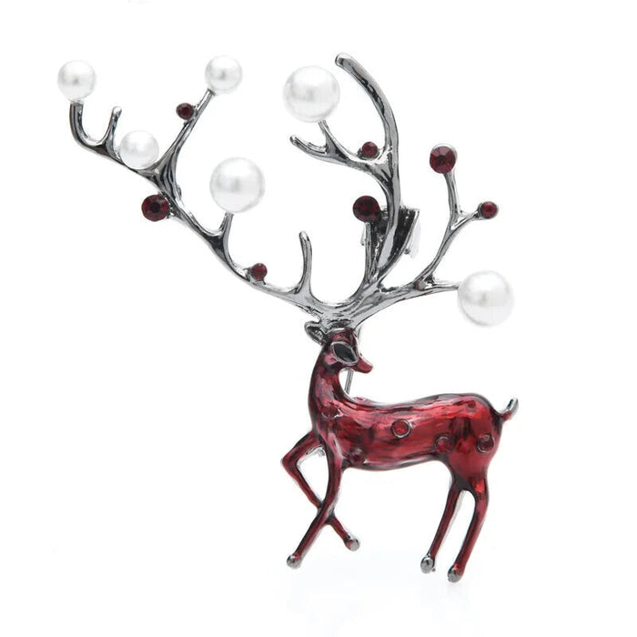 Red Brown Enamel Deer Brooch Alloy Pearl Elk Animal Pin