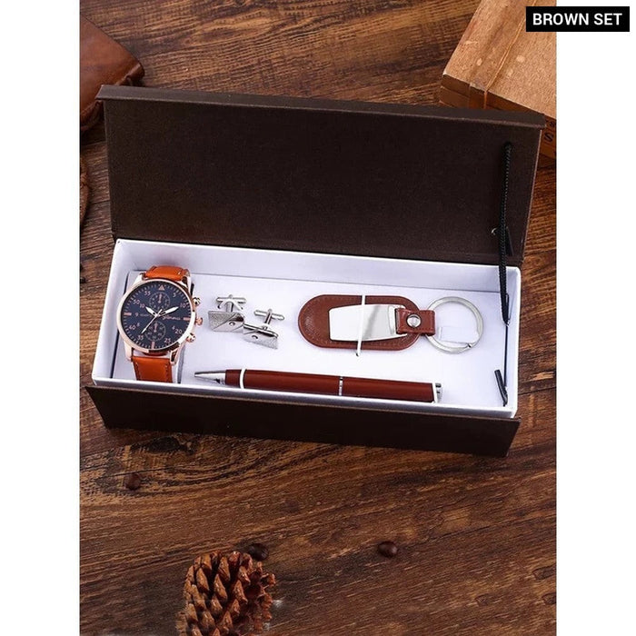 Mens Cufflinks Ballpoint Pen Keychain Quartz Wrist Watch Set