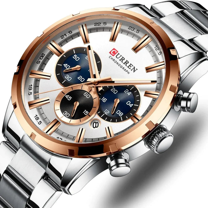 Casual Stainless Steel Chronograph Quartz Mens Watch With Date