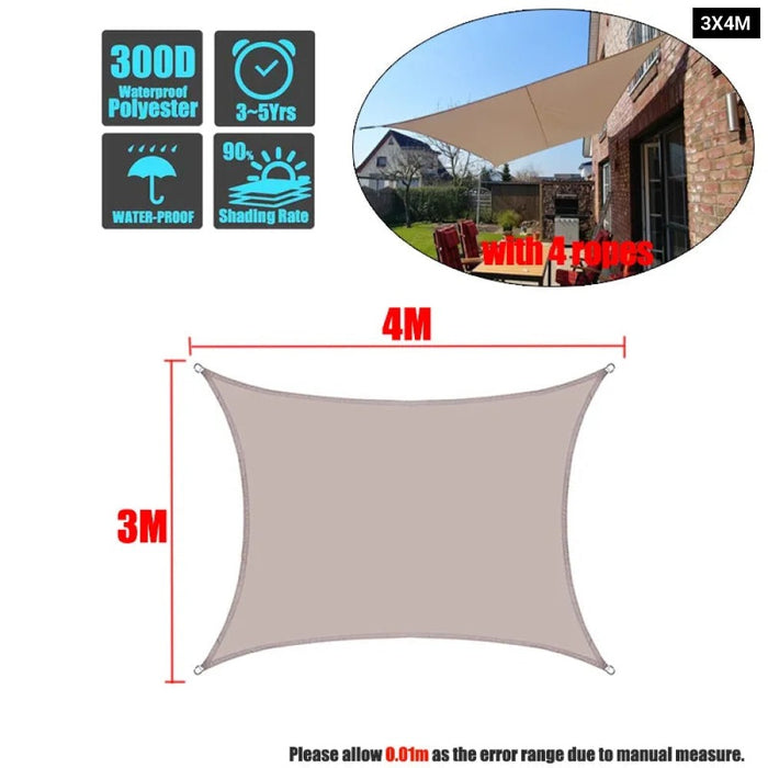 Khaki 300D Waterproof Polyester Square Rectangle Shade Sail Garden Terrace Canopy Swimming Sun Shade