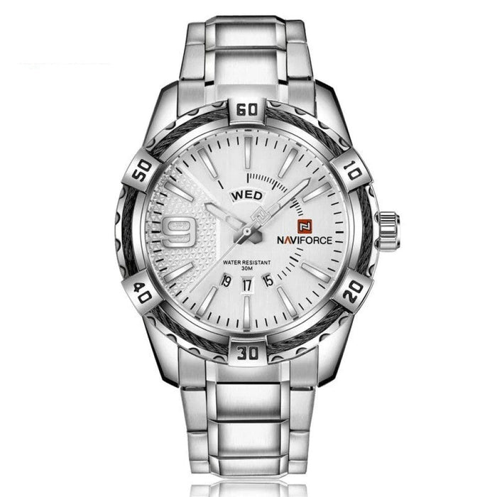 Men's Stainless Steel Band Analog Week Calendar Display Quartz 3ATM Water Resistant Wristwatch