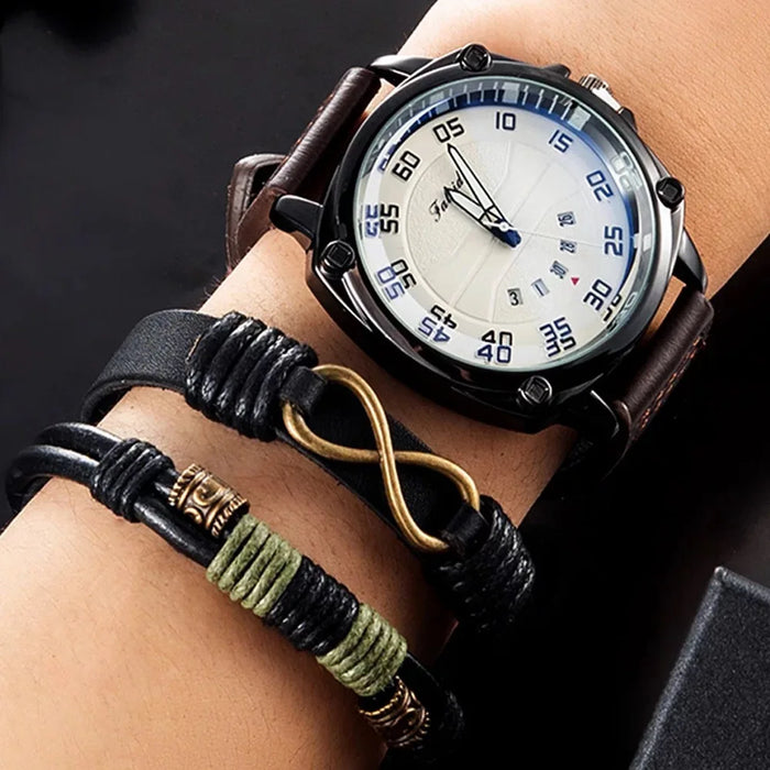 Mens Quartz Wrist Watch 3Pcs Set With Leather Bracelet