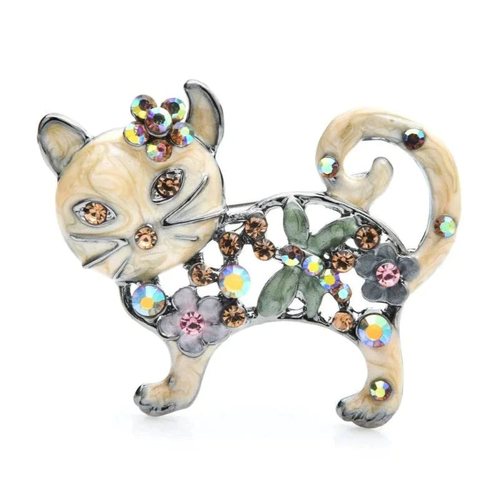 Enamel Cat Brooch Rhinestone Flower Animal Pin