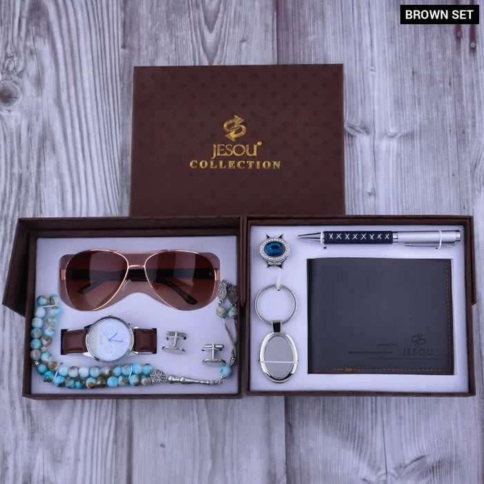 Mens Quartz Wrist Watch Rosary Keychain Sunglasses Wallet Pen Combination Set With Box