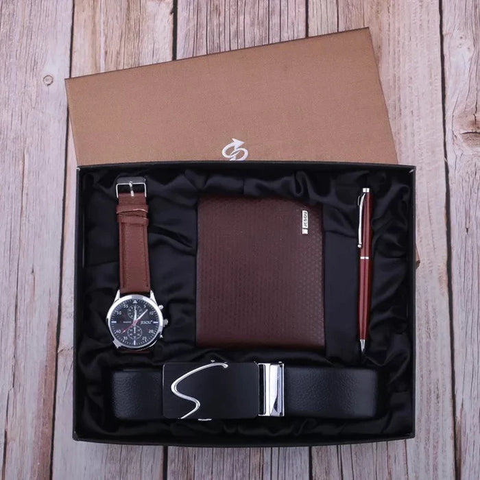 Mens Leather Belt Folding Wallet Ballpoint Pen Wrist Watch Set