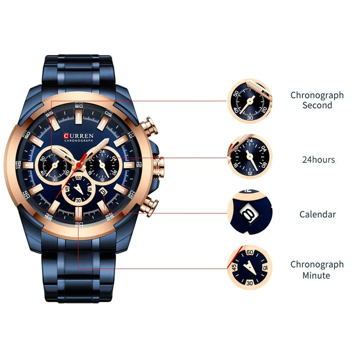 Casual Sporty Wristwatches Stainless Steel Band Chronograph Clock Men'S Watches Original Quartz Clock Male