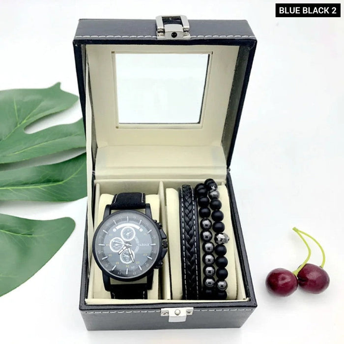 Mens Sports Leather Band Watch Quartz Wrist Watch With Bracelet 2Pcs Set