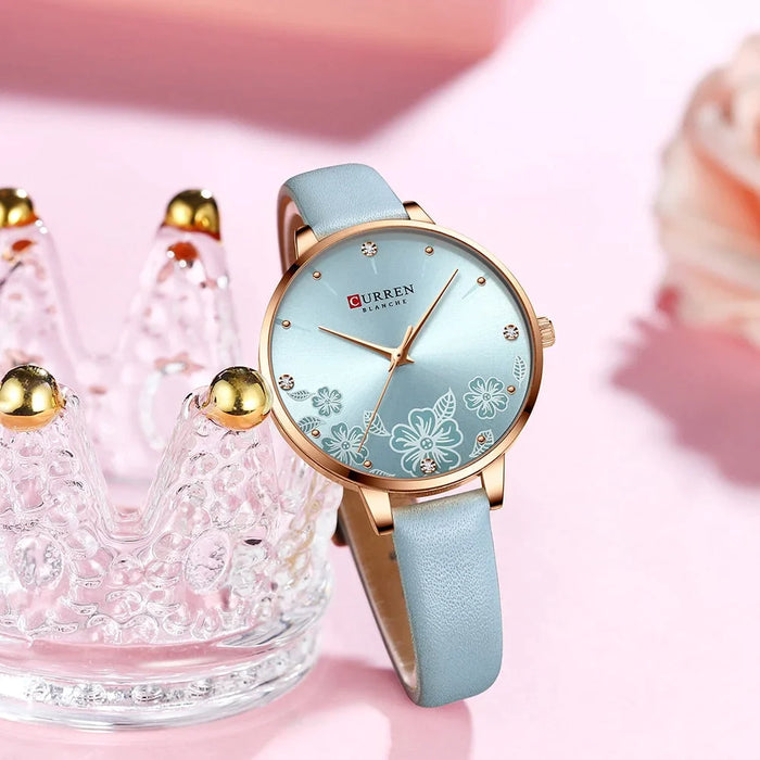 Leather Quartz Charm Flowers Dial WristWatches Clock For Ladies