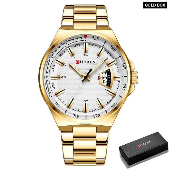 Man Brand Watch Gold White Watches Stainless Steel Quartz Wristwatch Auto Date Clock Male Relogio