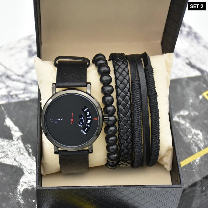 Mens Sports Waterproof Wrist Watch Set With Leather Braided Rope Bracelets