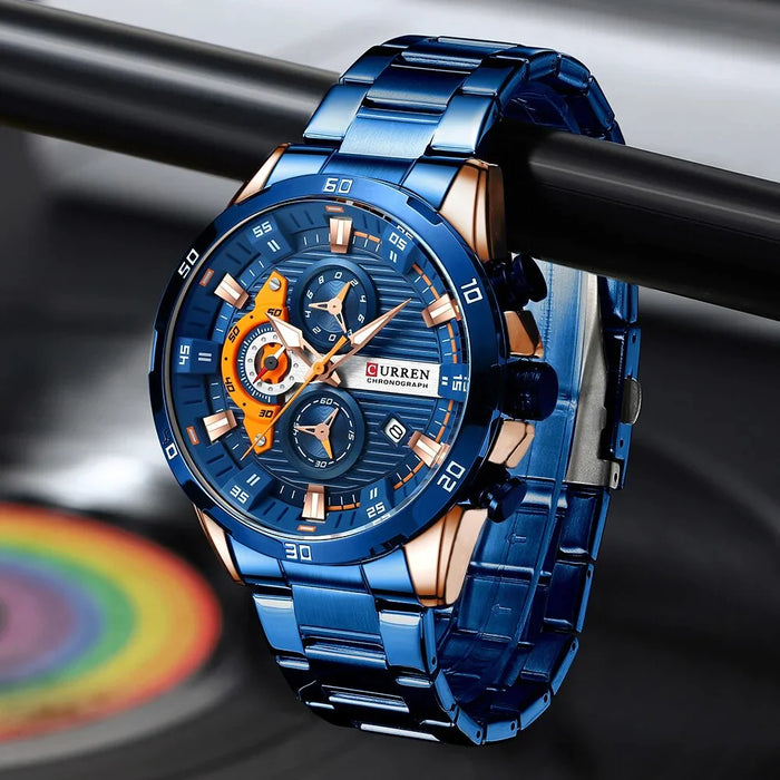 Fashion Sports Watches For Man Casual Stainless Steel Band Chronograph Wristwatches Luminous Male Clock