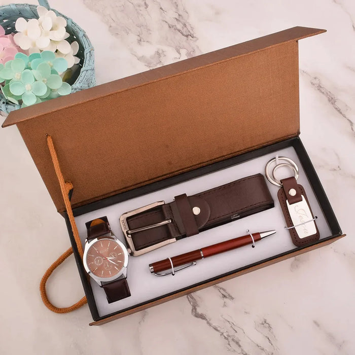 Mens Quartz Wrist Watch Belt Pen Keychain Set With Box