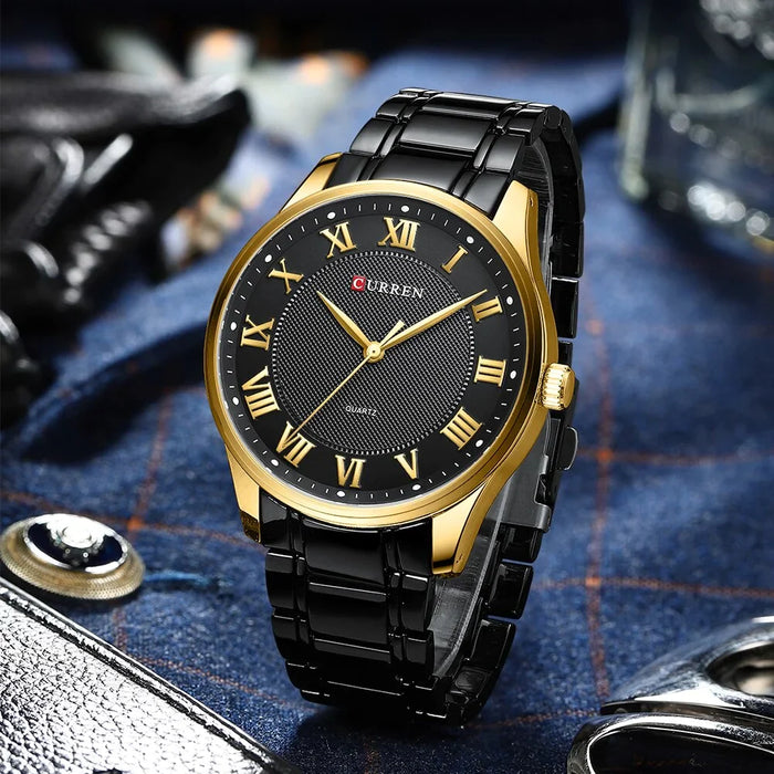 Stainless Steel Band Casual Quartz Wristwatches For Men Clock Gold Black