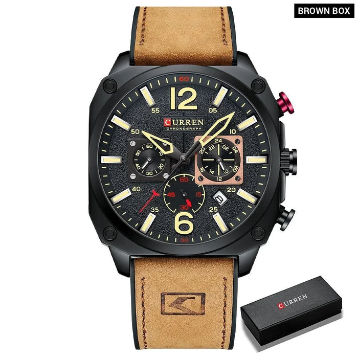 Brown Quartz Wristwatches For Male Luminous Chronograph Dial Leather Clock Casual Sports Watch