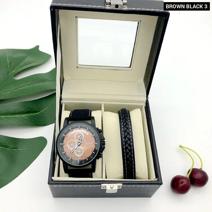 Mens Sports Leather Band Watch Quartz Wrist Watch With Bracelet 2Pcs Set