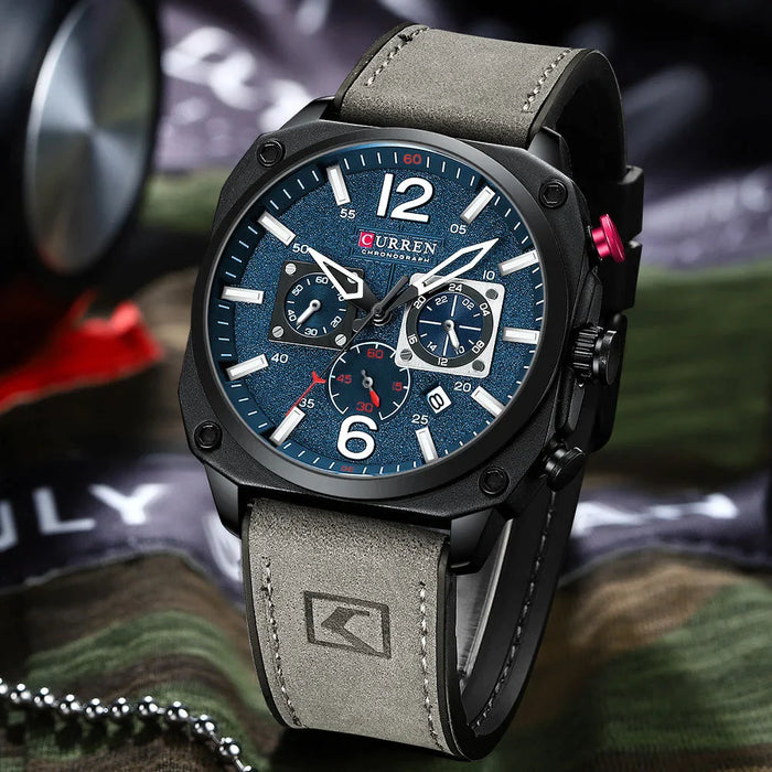 Brown Quartz Wristwatches For Male Luminous Chronograph Dial Leather Clock Casual Sports Watch