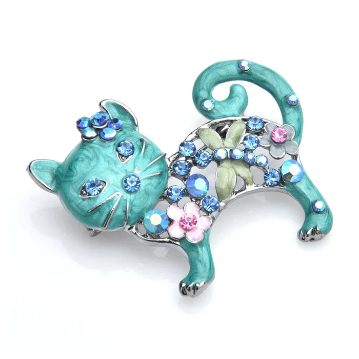 Enamel Cat Brooch Rhinestone Flower Animal Pin