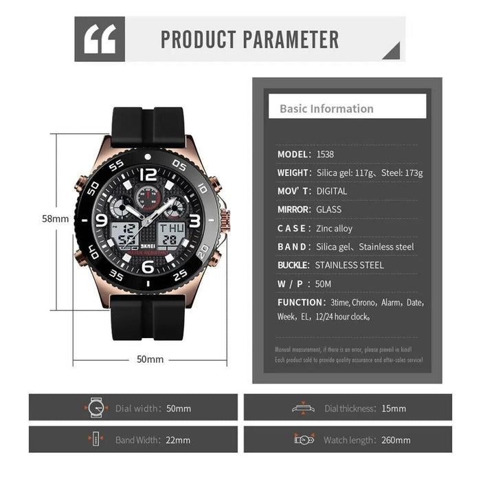 Men's Silicone Analog Date Calendar Display Dual Display 5ATM 50M Water Resistant Wristwatch