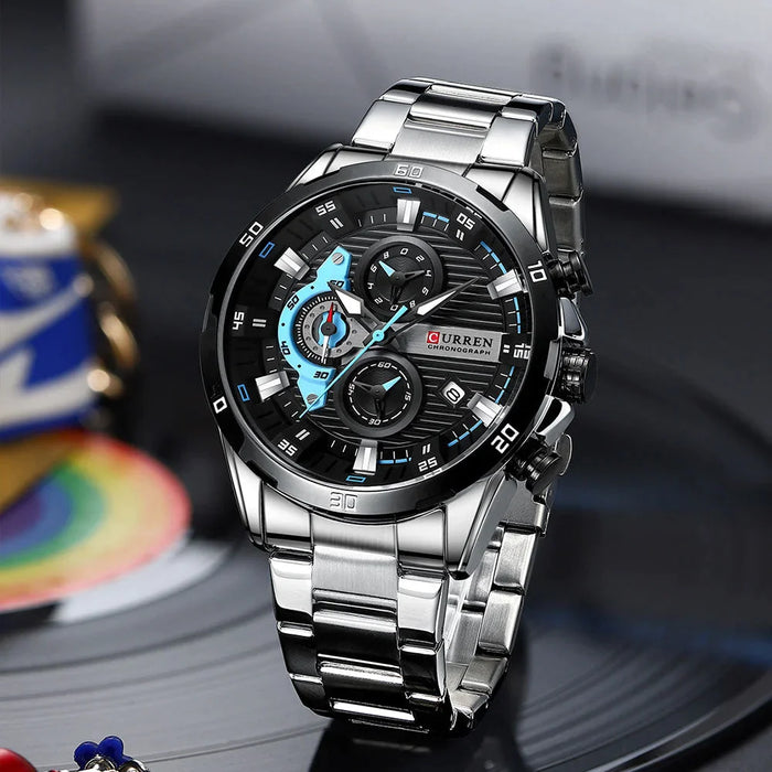 Fashion Sports Watches For Man Casual Stainless Steel Band Chronograph Wristwatches Luminous Male Clock