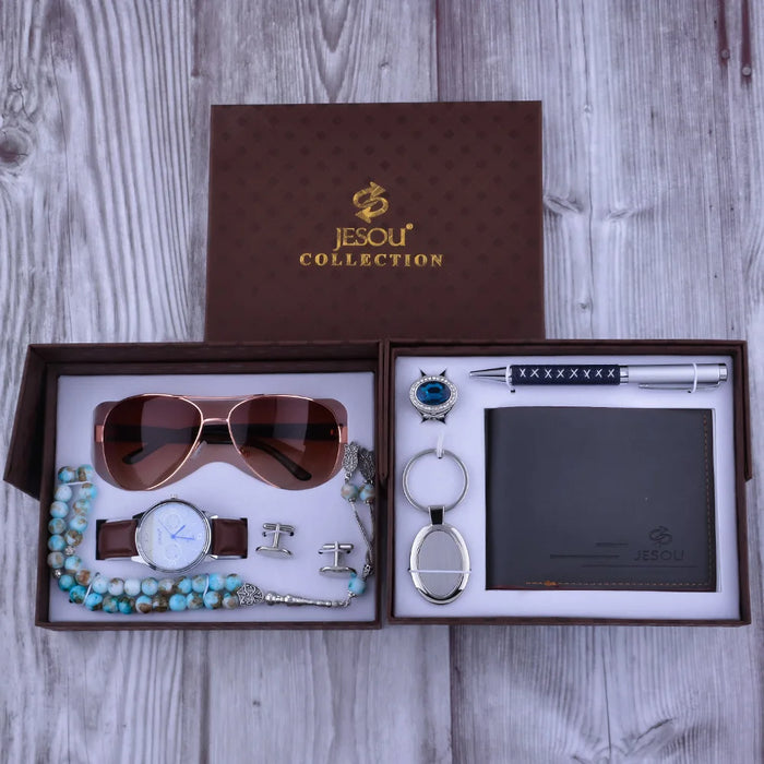 Mens Quartz Wrist Watch Rosary Keychain Sunglasses Wallet Pen Combination Set With Box