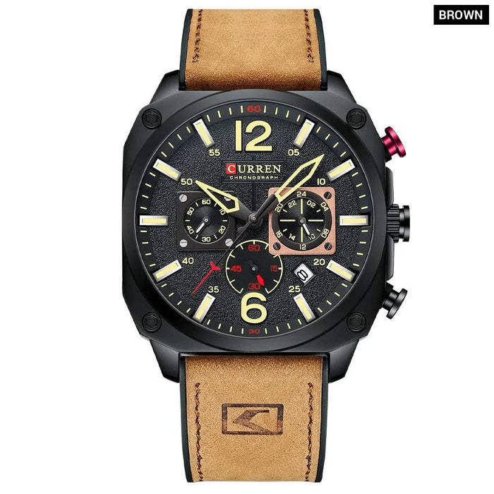 Brown Quartz Wristwatches For Male Luminous Chronograph Dial Leather Clock Casual Sports Watch