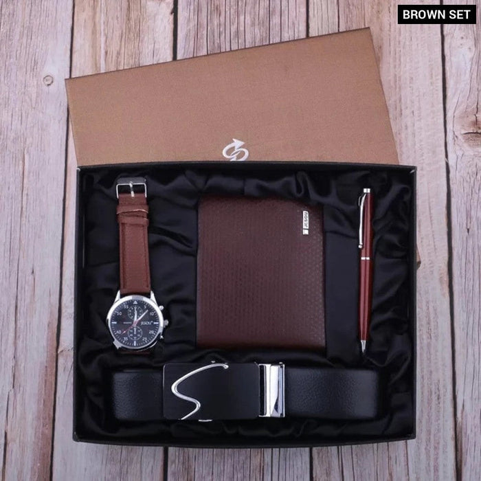 Mens Leather Belt Folding Wallet Ballpoint Pen Wrist Watch Set