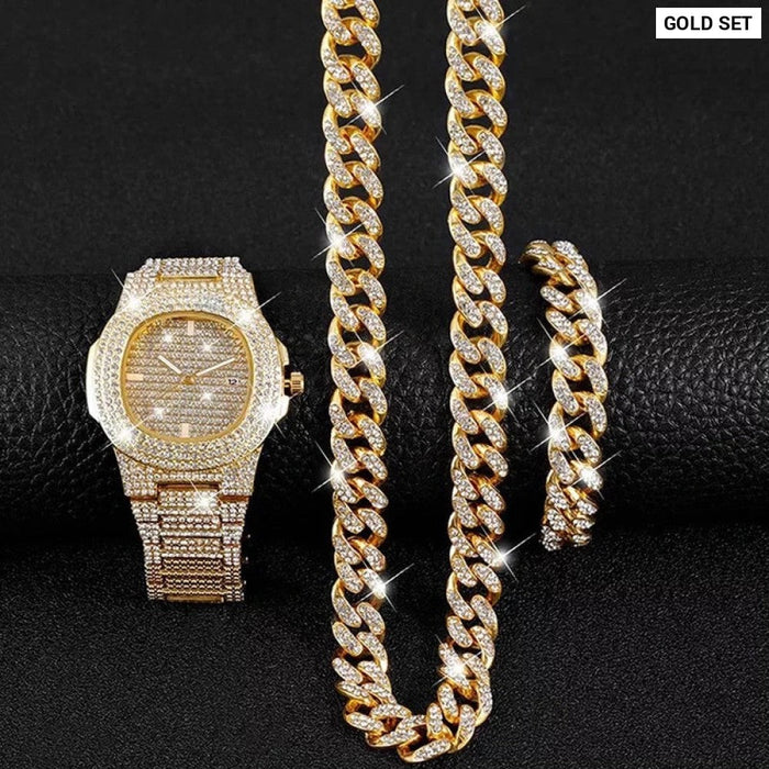 Mens Hip Hop Necklace Bracelet Cuban Chain Gold Color Iced Out Paved Rhinestones Bling Jewellery Wrist Watch Set