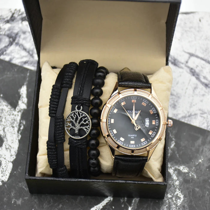 Mens Retro Luminous Quartz Waterproof Wrist Watch Set With Woven Bracelets