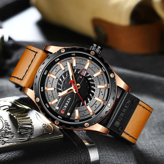 Casual Leather Quartz Wristwatches With Date And Luminous Hands