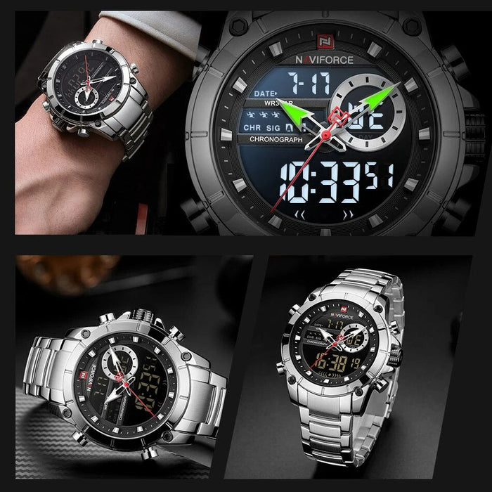 Men's Stainless Steel Band AnalogWeek Calendar Display Quartz & Dual Display 3ATM 30M Water Resistant Wristwatch