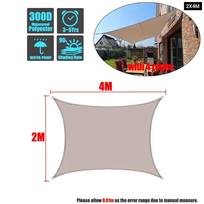 Khaki 300D Waterproof Polyester Square Rectangle Shade Sail Garden Terrace Canopy Swimming Sun Shade