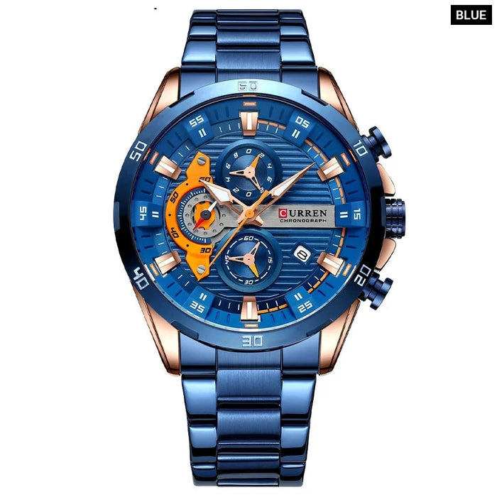 Fashion Sports Watches For Man Casual Stainless Steel Band Chronograph Wristwatches Luminous Male Clock