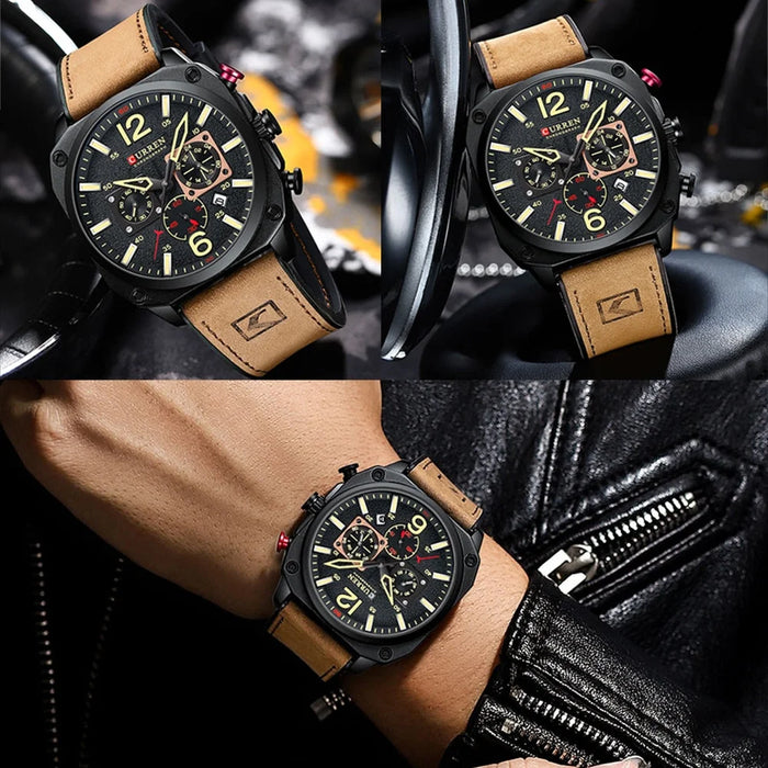 Brown Quartz Wristwatches For Male Luminous Chronograph Dial Leather Clock Casual Sports Watch