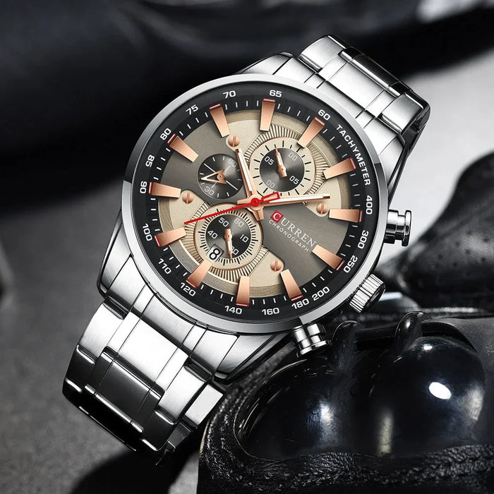 Fashion Sports Watch Men Stainless Steel Chronograph Wristwatch Male Clock Auto Date Casual Business Watch