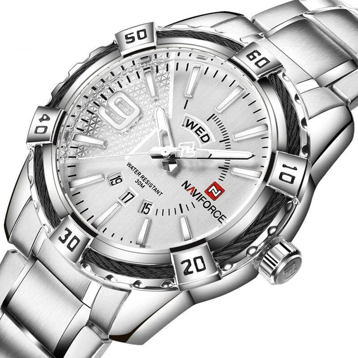 Men's Stainless Steel Band Analog Week Calendar Display Quartz 3ATM Water Resistant Wristwatch