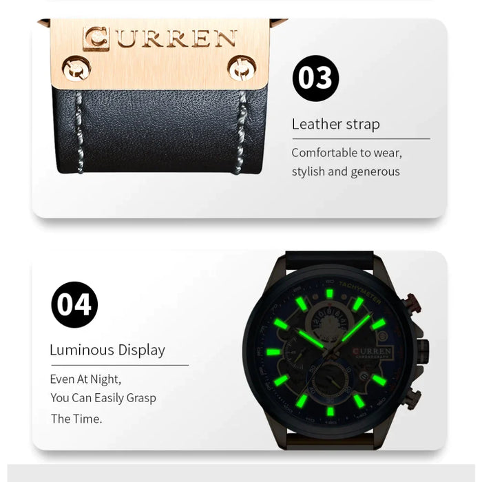 Branded Casual Sport Chronograph Watches For Men Leather Quartz Luminous Wristwatch Creative Design Clock