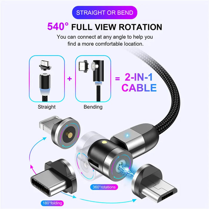 3 In 1 Magnetic Usb Fast Charging Cable With 540 Degree Rotation