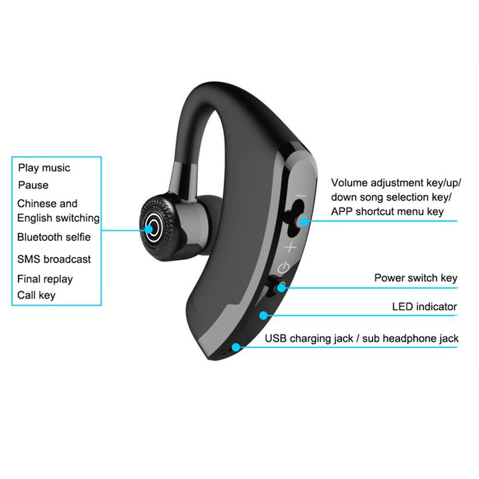 V9 Business Handsfree Wireless Bluetooth Headset Csr 4.1 With Mic For Driver Sport Black